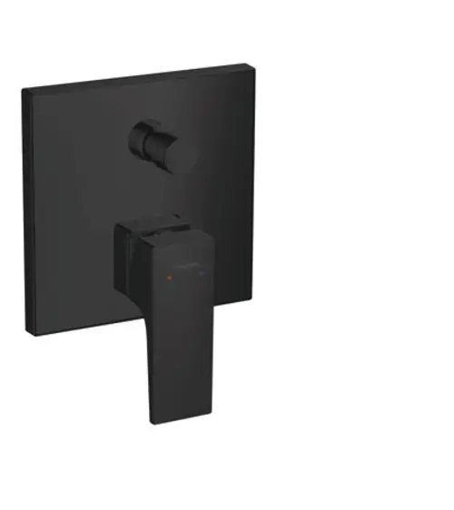 Einhebel-Wannenmischer in mattschwarz von Hansgrohe, mit einem quadratischen Unterputz-Gehäuse und einem Hebelgriff zur Steuerung der Wassertemperatur und -menge.